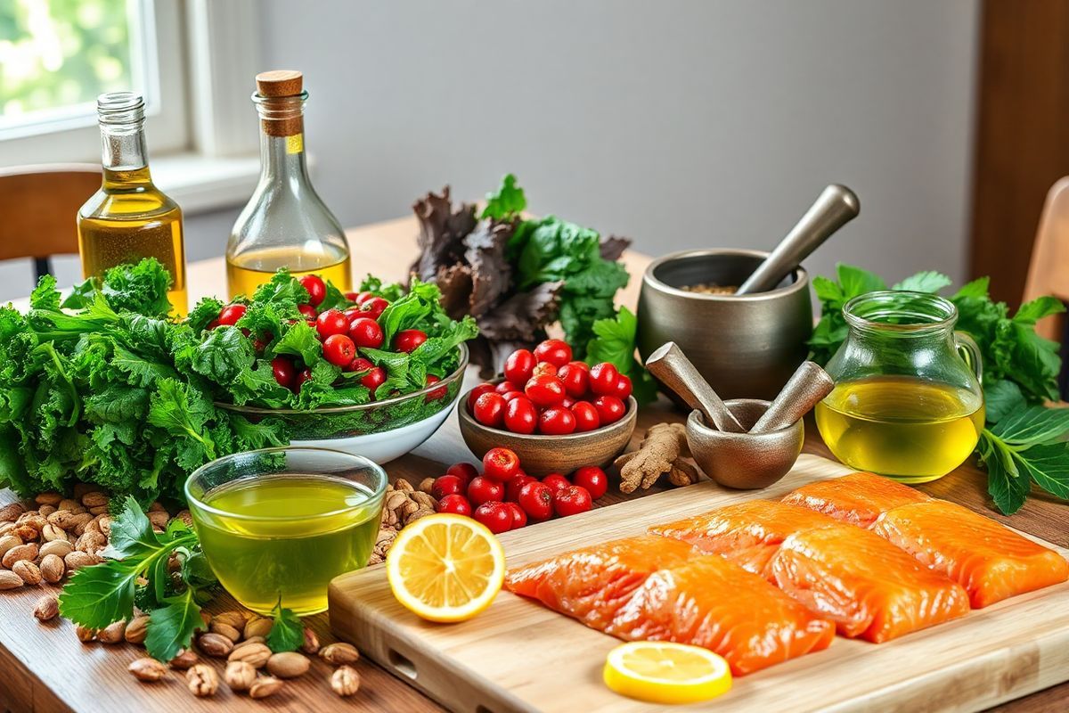 A beautifully arranged wooden kitchen table is adorned with an array of vibrant, fresh ingredients that symbolize the anti-inflammatory diet. In the center, a large bowl of mixed leafy greens, including kale and spinach, contrasts with a small dish of bright red berries, glistening with dew. Surrounding the bowl are scattered nuts and seeds, showcasing their rich textures and colors. A bottle of golden olive oil catches the light, accompanied by an elegant mortar and pestle containing freshly grated ginger and turmeric, their warm hues radiating health. Lean salmon fillets rest on a cutting board, ready for preparation, while a steaming cup of green tea sits nearby, surrounded by slices of lemon. The background features soft, natural light filtering through a window, illuminating the scene and enhancing the freshness of the ingredients, creating a warm, inviting atmosphere that emphasizes wellness and nourishment. This photorealistic depiction captures the essence of wholesome cooking, inspiring viewers to embrace an anti-inflammatory lifestyle through colorful, nutrient-rich foods.