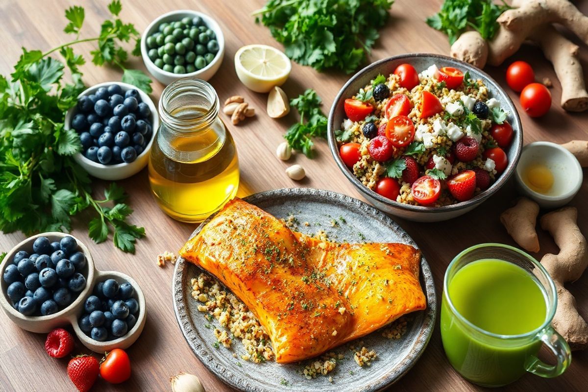 A beautifully arranged wooden table is adorned with an array of vibrant, fresh ingredients that embody the essence of the anti-inflammatory diet. In the center, a large bowl of colorful Mediterranean quinoa salad bursts with hues of red cherry tomatoes, green cucumbers, and bright parsley, sprinkled with crumbled feta cheese. Surrounding the bowl are small dishes filled with plump berries—blueberries, strawberries, and raspberries—shining with a dewy freshness. A fillet of baked salmon, golden from the turmeric seasoning, rests elegantly on a rustic plate, garnished with lemon wedges and a sprinkle of fresh herbs. Next to it, a jar of golden olive oil glistens in the light, accompanied by a small bowl of minced garlic and a piece of ginger root. In the background, leafy greens and a handful of nuts and seeds add texture and a natural touch, while a steaming cup of green tea sits invitingly to the side. Soft, natural lighting enhances the vibrant colors and textures, creating a warm and inviting atmosphere that celebrates health and wellness through nourishing food.