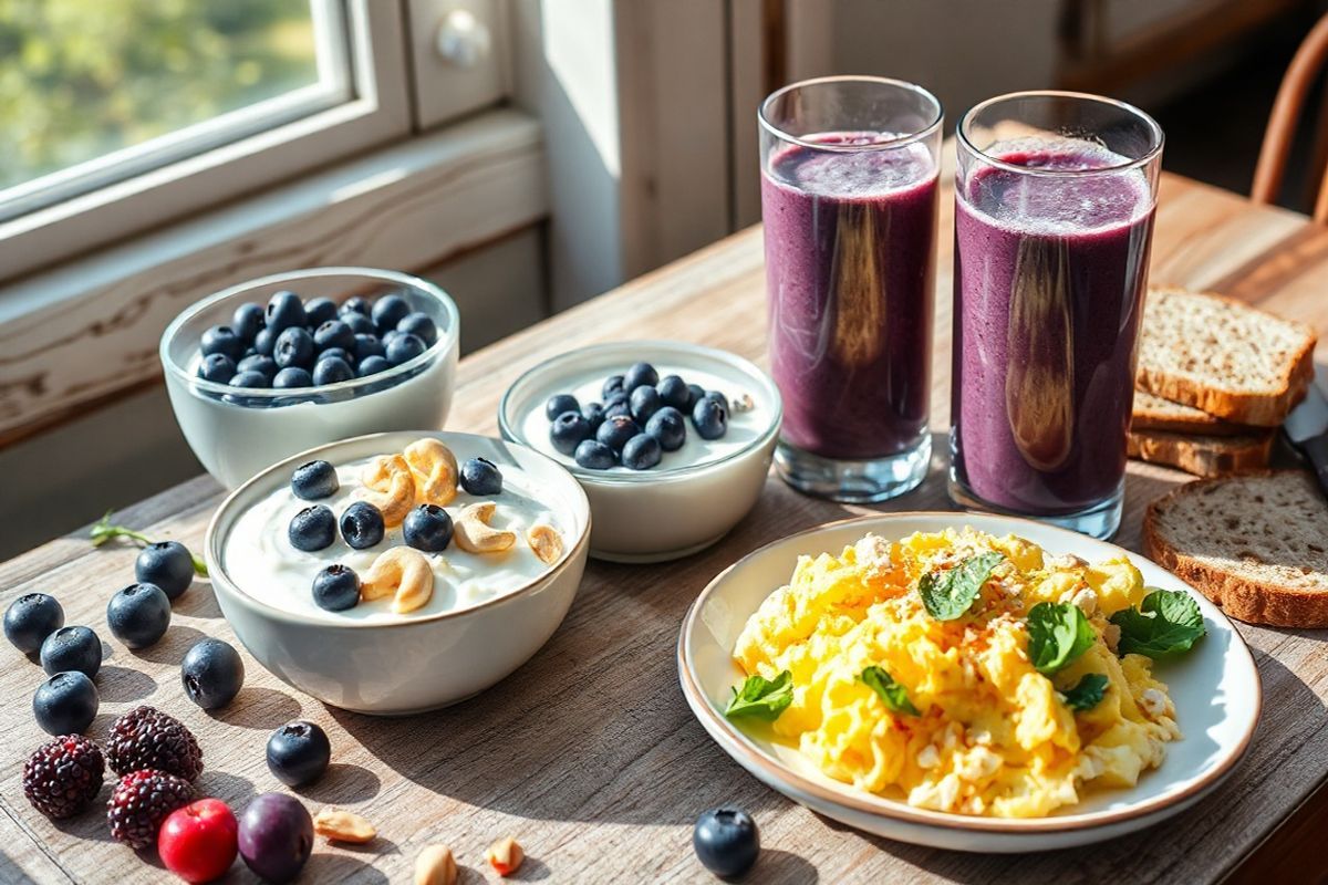 A beautifully arranged breakfast table featuring a variety of high-protein foods. In the center, a large bowl of creamy Greek yogurt is topped with vibrant blue blueberries and a sprinkle of crunchy cashews. Next to it, a plate holds perfectly scrambled eggs, fluffy and golden, garnished with fresh spinach and a sprinkle of shredded cheese. To the side, a glass of a refreshing smoothie, a deep purple hue from blended blueberries, yogurt, and a hint of green from spinach, sits invitingly. The table is adorned with rustic wooden accents, and sunlight streaming through a nearby window casts a warm glow, highlighting the textures of the food. A few whole-grain toast slices are arranged neatly, ready to complement the meal. Scattered around the table are some fresh berries and a handful of nuts, adding a pop of color and a sense of abundance. The overall atmosphere is inviting and wholesome, evoking a sense of health and vitality, perfect for starting the day with a nourishing high-protein breakfast.