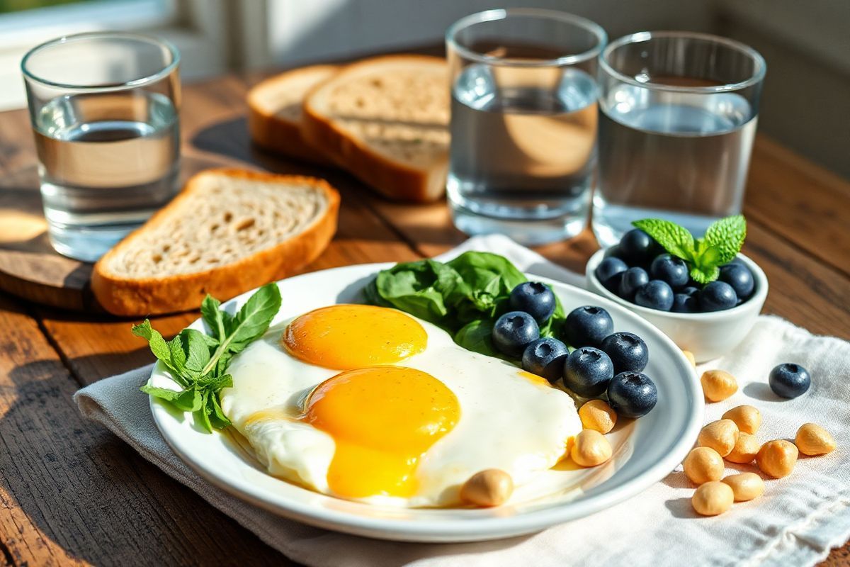 A beautifully arranged breakfast scene featuring a balanced high-protein breakfast plate on a rustic wooden table. The plate includes two fluffy scrambled eggs topped with melted cheese, accompanied by a vibrant handful of green spinach. Beside it, a handful of golden cashews adds a pop of color. A small bowl of fresh blueberries glistens with dew, showcasing their rich blue hue. The plate rests on a soft white linen napkin, enhancing the overall warmth of the setting. In the background, a slice of whole-grain toast is lightly browned and positioned next to a glass of clear water, capturing the essence of hydration. The soft morning light filters through a nearby window, casting gentle shadows and illuminating the delicious textures of the food. A sprig of fresh mint is artfully placed next to the blueberries, adding a touch of freshness to the scene. This photorealistic image evokes a sense of health, nutrition, and the joy of starting the day with a wholesome meal, inviting viewers to embrace a balanced breakfast.