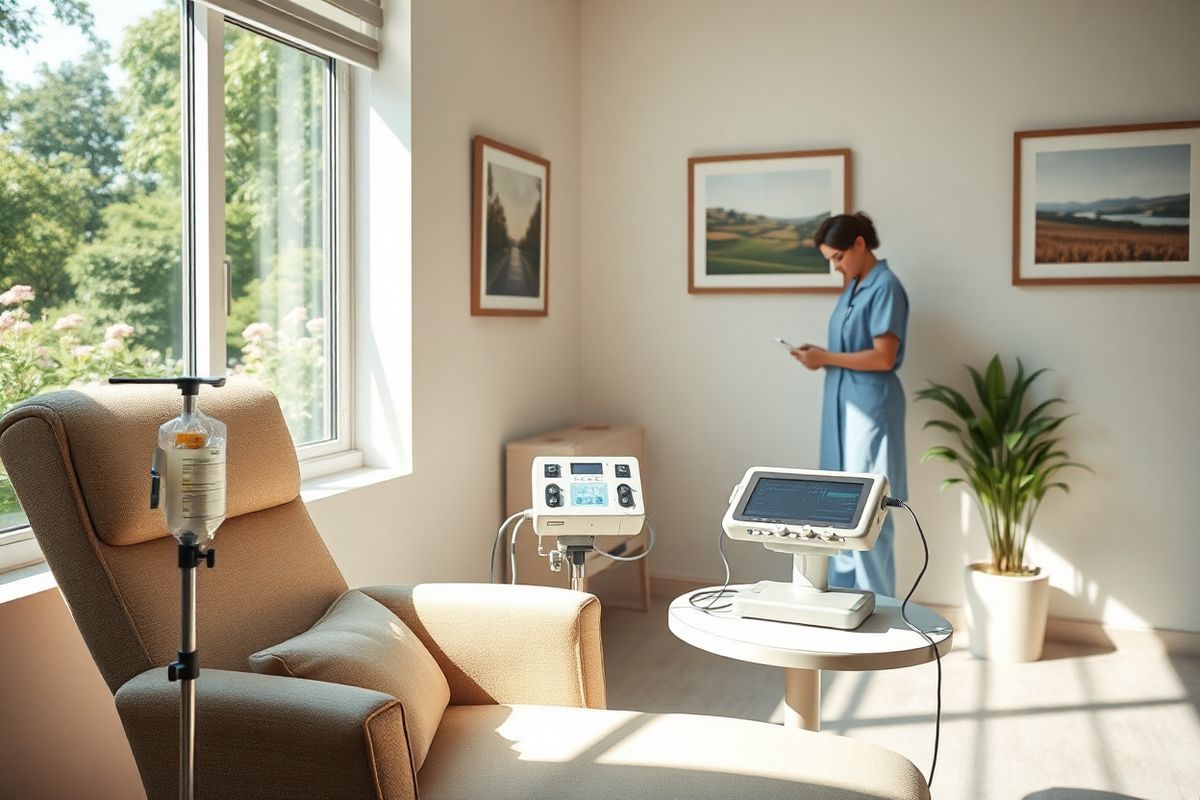 A serene and inviting medical infusion room bathed in soft, natural light. The room features a comfortable recliner with plush cushions, positioned beside a large window that offers a view of a tranquil garden filled with blooming flowers and lush greenery. On a small side table, a selection of medical supplies is neatly arranged, including an IV bag and a sleek infusion pump, highlighting the bi-weekly treatment process. The walls are painted in calming pastel colors, adorned with framed artwork depicting peaceful landscapes. In the background, a nurse is gently attending to a patient, embodying warmth and empathy. A potted plant sits in the corner, adding a touch of life to the space. The overall atmosphere conveys a sense of hope and care, emphasizing the support and comfort available to patients undergoing treatment for Alzheimer’s disease. The image captures the emotional and physical aspects of the infusion experience, reflecting both the clinical and nurturing environments that are essential for patients receiving Leqembi treatment.