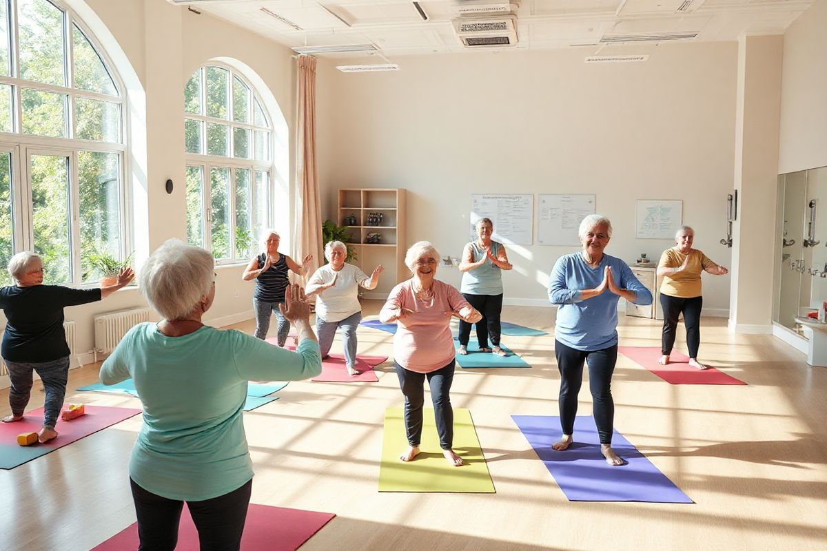 A serene and inviting fitness studio designed for seniors, featuring a spacious, well-lit interior with large windows allowing natural light to flood the room. The studio is adorned with soft pastel colors, creating a calming atmosphere. In the foreground, a group of older adults is engaged in a gentle yoga class, practicing poses on colorful mats, showcasing a variety of fitness levels and abilities. Some participants are using supportive props like blocks and straps to enhance their practice. In the background, a fitness instructor, radiating warmth and encouragement, guides the class with a smile. Nearby, a corner is dedicated to strength training, featuring light weights and resistance bands, while a wall-mounted bulletin board displays a schedule of upcoming classes. The studio is surrounded by lush greenery visible through the windows, adding to the sense of tranquility and connection with nature. Overall, the image captures a vibrant and supportive community atmosphere, emphasizing the importance of physical health and social engagement among older adults in a fitness setting.