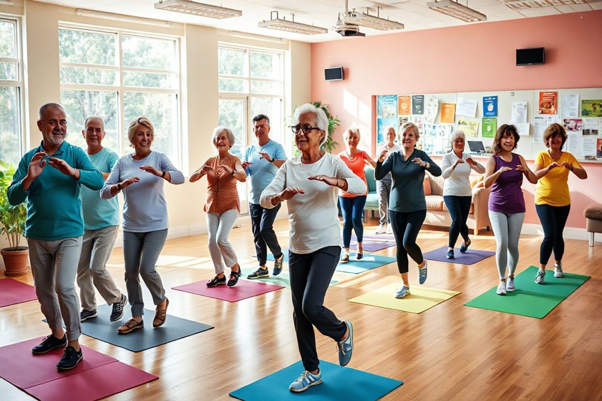 A vibrant and inviting fitness center scene designed for seniors, showcasing a spacious room filled with natural light streaming through large windows. The floor is wooden, providing a warm atmosphere, and the walls are painted in soothing pastel colors. In the foreground, a diverse group of older adults, both men and women of various ethnicities, are engaged in a tai chi class, moving gracefully in unison. They wear comfortable athletic clothing and display joyful expressions, emphasizing camaraderie and engagement.   In the background, fitness equipment such as resistance bands, yoga mats, and light weights are neatly arranged, and a large mirror reflects the participants. To one side, there’s a cozy lounge area with potted plants and comfortable seating, inviting members to socialize after classes. Nearby, a bulletin board displays colorful flyers for upcoming fitness classes and community events, hinting at the supportive community environment of the SilverSneakers program. The overall atmosphere is one of inclusivity, health, and vitality, capturing the essence of an active lifestyle for seniors.