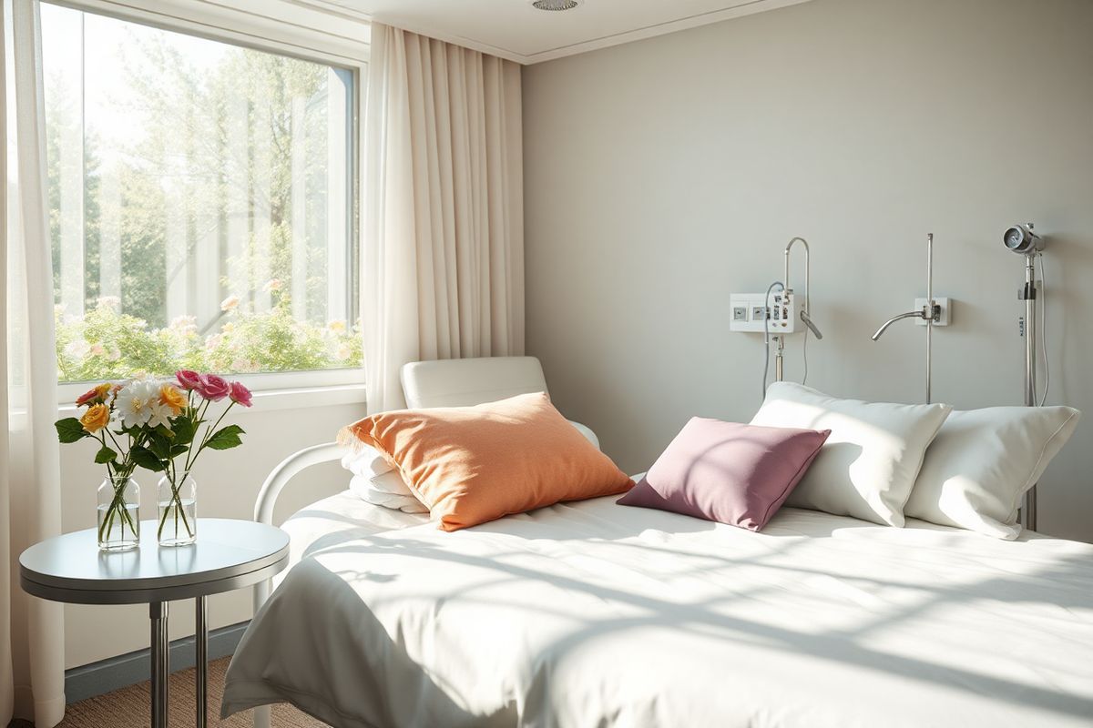 A photorealistic image depicting a serene hospital recovery room bathed in soft, natural light filtering through sheer curtains. The room features a cozy bed with crisp white linens and a neatly arranged array of colorful pillows, creating a sense of comfort. On a bedside table, a small vase holds fresh flowers, adding a touch of warmth and life to the sterile environment. A window reveals a tranquil garden outside, with blooming flowers and green foliage, symbolizing hope and healing. In the background, a subtle glimpse of medical equipment is present, indicating the ongoing care and monitoring of the patient. A supportive chair is positioned next to the bed, suggesting the presence of loved ones. Soft, neutral tones dominate the color palette, promoting a calm atmosphere conducive to recovery. The overall composition conveys a sense of peace, resilience, and the importance of emotional and physical healing in the aftermath of surgery, reflecting the multifaceted recovery journey outlined in the text.