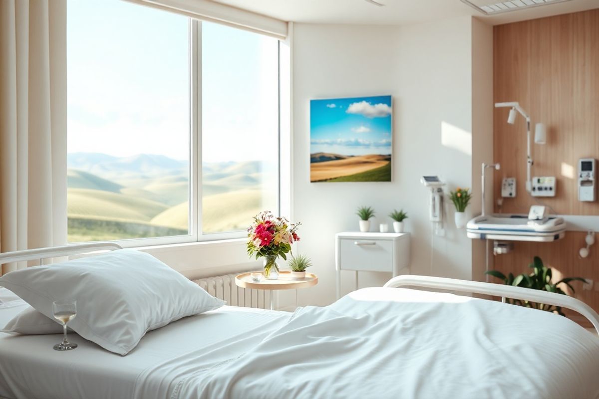 A photorealistic image of a serene hospital room designed for post-surgery recovery. The room features a large window allowing soft, natural light to filter in, illuminating the space with a warm, inviting glow. In the foreground, a neatly made hospital bed with crisp white linens and a comfortable pillow awaits the patient. A small bedside table holds a glass of water and a colorful bouquet of fresh flowers, symbolizing hope and healing. On the wall, a calming landscape painting depicts a tranquil scene of rolling hills and a clear blue sky, promoting a sense of peace. In the background, a nurse’s station is subtly visible, with medical equipment organized neatly, emphasizing a safe and supportive environment. The overall color palette consists of soft pastels and earthy tones, creating a soothing atmosphere conducive to recovery. A few potted plants are placed strategically around the room, adding a touch of nature and vitality, further enhancing the sense of comfort and care in the space. The image encapsulates the essence of healing, compassion, and the importance of a nurturing environment in the recovery journey after an abdominoperineal resection.