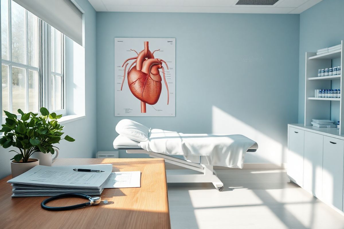 A photorealistic image depicting a serene medical setting, featuring a well-lit examination room. In the foreground, a wooden desk is neatly organized with medical charts, a stethoscope, and a small plant adding a touch of greenery. On the wall, a detailed anatomical poster of the human circulatory system is prominently displayed, showcasing the heart and blood vessels.   In the background, a comfortable examination table is draped with a crisp, white sheet, and a large window lets in natural light, casting soft shadows across the room. On the side, a shelf holds various medical supplies, including vials and syringes, arranged aesthetically.   The color palette is calming, with soft blues and whites dominating the scene, evoking a sense of safety and professionalism. A subtle hint of sunlight filters through the window, illuminating dust particles in the air, giving the room a warm and inviting atmosphere. This image captures the essence of a healthcare environment focused on patient care and medical expertise, aligning perfectly with the themes of thrombocytopenia treatment and awareness.