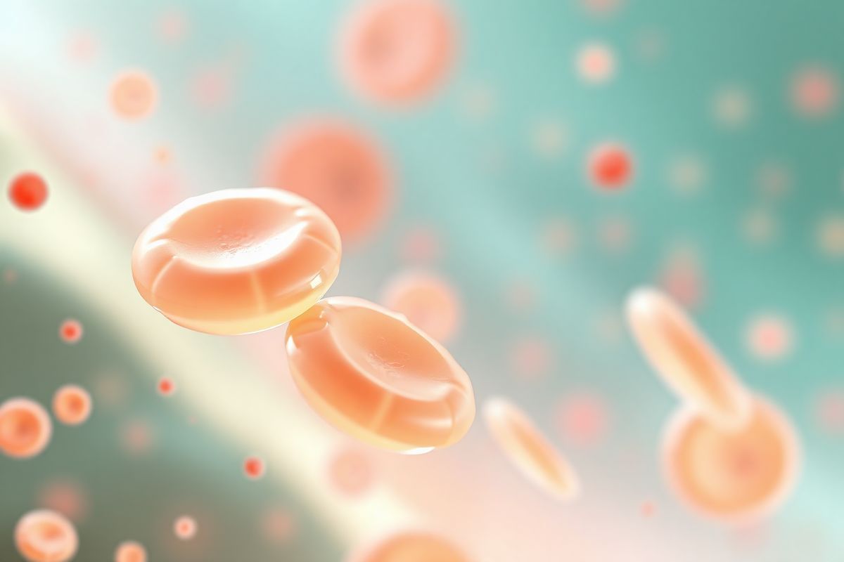 A photorealistic decorative image features a close-up view of a vibrant and intricate platelet structure, showcasing the unique shapes and colors of thrombocytes in vivid detail. The platelets are depicted in various shades of pale yellow and pink, surrounded by a soft, blurred background that represents the flowing plasma of blood. The image captures the delicate texture of the platelets, highlighting their disc-like form with subtle variations in light and shadow to emphasize their three-dimensionality. In the foreground, a few platelets appear clustered together, while others are scattered, creating a sense of movement and dynamic interaction. The background features a gentle gradient of soft blues and greens, symbolizing the healthy aspects of the bloodstream, while microscopic elements such as red blood cells can be faintly seen, adding depth to the scene. This harmonious composition evokes a sense of life and vitality, reflecting the crucial role of platelets in hemostasis and the body’s intricate biological processes. The overall aesthetic is calming and educational, making it an ideal visual representation of the importance of platelet count and thrombocytopenia.