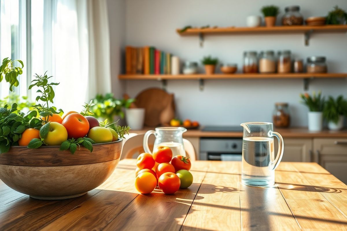 A serene kitchen setting bathed in natural light, showcasing a rustic wooden dining table adorned with a vibrant arrangement of fresh fruits and vegetables. In the foreground, a colorful bowl filled with ripe oranges, green apples, and plump tomatoes contrasts beautifully with the earthy tones of the wooden table. A pitcher of water sits nearby, glistening in the sunlight, symbolizing hydration. The background features a well-organized kitchen with green potted herbs, such as basil and rosemary, on the windowsill, emphasizing the importance of dietary adjustments. Soft, diffused light filters through sheer white curtains, casting gentle shadows and creating a warm, inviting atmosphere. On the wall, there are shelves lined with healthy cookbooks and jars filled with grains and nuts, reinforcing the theme of nutritious living. The overall ambiance is calm and uplifting, encouraging a sense of well-being and balance, perfectly aligning with the strategies for managing mild side effects associated with Actonel.