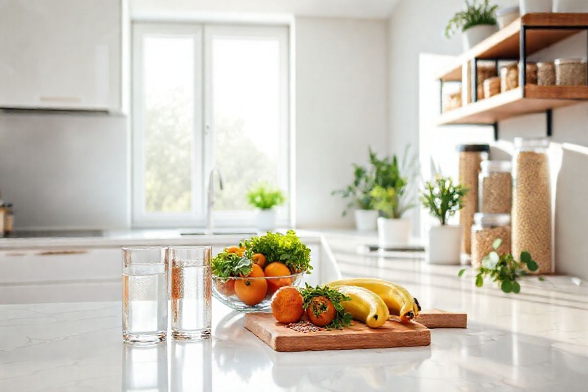 A photorealistic image depicting a serene and inviting scene of a modern kitchen with a focus on health and wellness. The kitchen features sleek, white cabinetry and a light marble countertop, where a glass of water sits prominently next to a small bowl of vibrant, fresh fruits such as apples, oranges, and bananas. In the background, a wooden cutting board displays a few sprigs of leafy greens, emphasizing a commitment to healthy eating. Natural light pours in through a large window, illuminating the space and creating a warm, welcoming atmosphere. To the side, a neatly arranged shelf holds containers of various whole grains and seeds, symbolizing nutrition and well-being. Soft greenery from potted plants adds a touch of nature, reinforcing the theme of health. The overall color palette consists of soft whites, greens, and natural wood tones, creating a calming and refreshing environment, perfect for individuals focusing on their health and wellness journey, much like those taking Actonel for osteoporosis management.