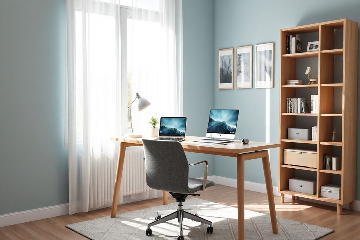 A photorealistic image capturing a serene and inviting home office space designed for focus and productivity. The room features a large, sunlit window with sheer white curtains gently swaying in the breeze, allowing natural light to flood in. A sleek, modern desk made of light wood is positioned near the window, adorned with a minimalist desk lamp and a small succulent plant in a ceramic pot. On the desk, an open notebook with neatly written notes and a stylish pen rests beside a laptop displaying a calming wallpaper. A comfortable ergonomic chair is positioned at the desk, upholstered in soft gray fabric. The walls are painted in a soothing pastel blue, adorned with a few framed nature prints that evoke tranquility. A cozy area rug with a subtle geometric pattern lies beneath the desk and chair, adding warmth to the space. In the corner, a tall bookshelf filled with neatly organized books and a few decorative items adds character. The overall ambiance conveys a sense of peace and focus, making it an ideal environment for studying or working, perfect for anyone seeking to enhance their productivity while managing ADHD symptoms.