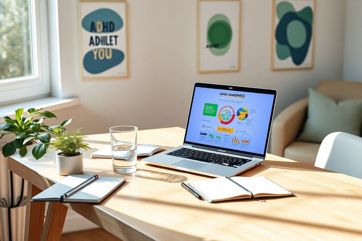 A photorealistic image of a serene, organized workspace set against a softly lit background. The desk is made of light wood, featuring a sleek laptop open to a vibrant, colorful ADHD awareness infographic. Beside the laptop, a small potted plant adds a touch of greenery, while a stylish notebook and a set of colored pens are neatly arranged. A glass of water and a healthy snack, like an apple, sit nearby, emphasizing a balanced lifestyle. The wall behind the desk is adorned with motivational posters featuring abstract designs in calming colors like blue and green. Soft natural light filters through a window, casting gentle shadows across the desk, creating a peaceful atmosphere conducive to focus and productivity. In the corner of the room, a comfortable chair invites relaxation, completing the inviting and inspirational setting that promotes mental clarity and well-being. This image captures the essence of a space designed for concentration and productivity, resonating with the theme of managing ADHD effectively.