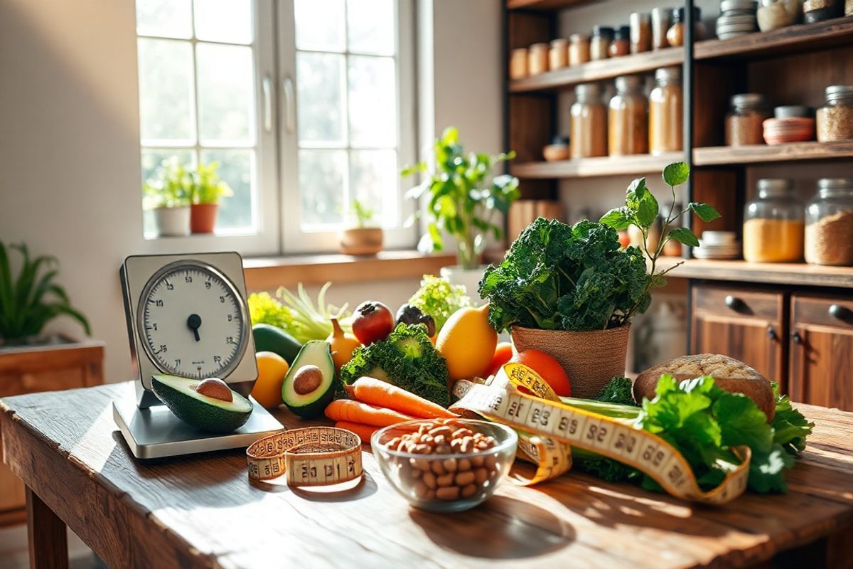 A serene and inviting kitchen scene captures the essence of health and wellness. The focal point is a rustic wooden table adorned with a vibrant spread of fresh fruits and vegetables, including ripe avocados, bright orange carrots, and deep green leafy kale. A sleek, stainless steel scale sits at the edge of the table, symbolizing the importance of accurate weight measurement in nutrition. Sunlight streams through a large window, casting a warm glow over the scene, and illuminating a measuring tape coiled neatly beside a fresh bowl of mixed nuts. In the background, there are shelves lined with various spices and jars of wholesome grains, creating a cozy and organized atmosphere. A potted herb plant, perhaps basil or rosemary, adds a touch of greenery, emphasizing the connection to healthy cooking. The overall color palette features earthy tones, with pops of color from the produce, evoking a sense of balance and well-being, making it an ideal representation of the themes of adjusted body weight and nutritional awareness.