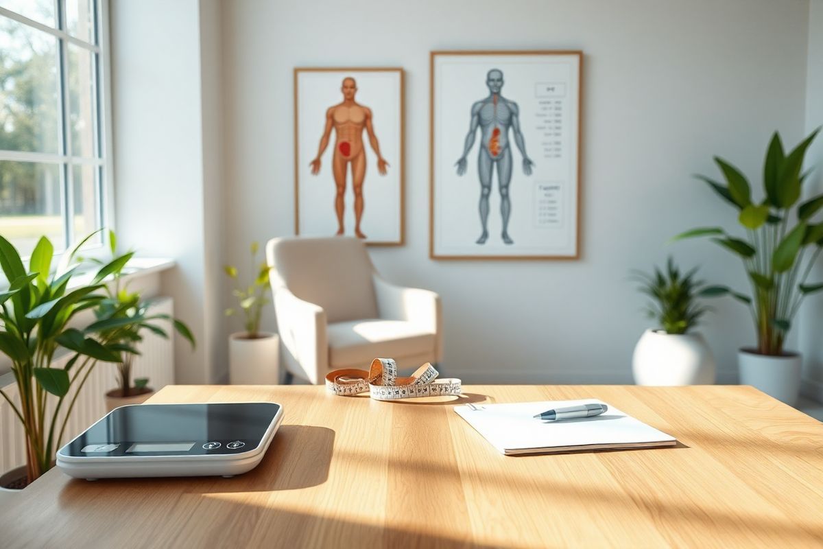 A photorealistic image depicting a serene healthcare setting designed for nutritional assessments and consultations. The scene features a clean, modern clinic room with soft, natural lighting filtering through large windows, illuminating a sturdy wooden table. On the table, a sleek digital scale sits beside a set of measuring tapes and a white notepad with a pen, symbolizing the process of calculating body weight and measurements. In the background, a framed anatomical poster of the human body hangs on the wall, showcasing the distinctions between fat and lean tissue. A comfortable chair, upholstered in a calming pastel color, invites patients to sit and engage in their health journey. Potted plants add a touch of greenery, enhancing the ambiance of wellness and care. The overall atmosphere is one of professionalism and warmth, making it an ideal space for healthcare providers to perform accurate assessments and develop personalized nutrition plans.