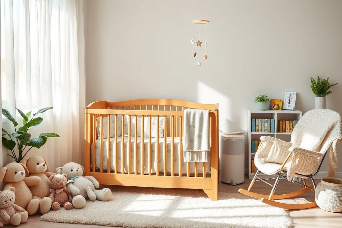 A serene and cozy nursery setting bathed in soft, natural light filters through sheer curtains. The focal point is a beautifully crafted wooden crib, adorned with a light, breathable cotton blanket featuring whimsical cloud patterns. Surrounding the crib are plush toys in gentle pastel colors—soft bunnies, teddy bears, and a friendly elephant—all placed thoughtfully to create a warm atmosphere. On the wall, a delicate mobile hangs, featuring hand-painted stars and moons that gently sway, adding a touch of whimsy. A comfortable rocking chair, complete with a knitted throw, is positioned nearby, inviting caregivers to sit and soothe their little ones. The floor is covered with a plush area rug, providing a safe play space, while a small bookshelf filled with colorful children’s books completes the scene. In the background, a potted plant adds a touch of greenery, symbolizing growth and health, while a thermometer and a humidifier sit on a nearby table, subtly integrated into the decor. The overall ambiance exudes tranquility and care, reflecting the nurturing environment essential for infants, particularly those experiencing respiratory conditions like bronchiolitis.