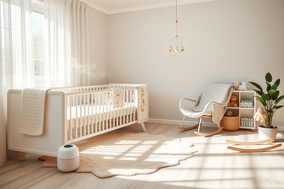 A serene nursery scene featuring a cozy crib adorned with soft, pastel-colored bedding. The room is softly illuminated by natural light streaming through sheer curtains, casting gentle shadows on the light wooden floor. On a plush, patterned rug, a small humidifier emits a fine mist, while a colorful mobile hangs above the crib, gently swaying. Nearby, a comfortable rocking chair is draped with a knitted blanket, inviting moments of rest for caregivers. A small bookshelf filled with children’s books and plush toys adds warmth to the space. In the corner, a potted plant brings a touch of greenery, enhancing the room’s calming atmosphere. The walls are painted in soft, soothing tones, creating a tranquil environment for both infant and caregiver, embodying the essence of nurturing and holistic care.