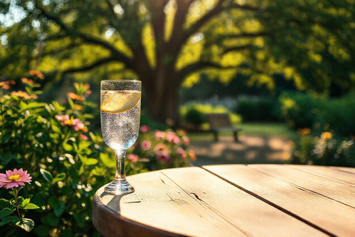 A photorealistic image captures a serene outdoor scene, featuring a tranquil garden setting bathed in soft, golden sunlight. In the foreground, a rustic wooden table is adorned with a delicate glass of sparkling water, reflecting the sunlight and adorned with a slice of lemon on the rim. Surrounding the table are lush green plants with vibrant flowers in shades of pink and yellow, creating a warm and inviting atmosphere. In the background, a gentle breeze rustles through the leaves of a large tree, casting playful shadows on the ground. The scene conveys a sense of calm and relaxation, perfect for enjoying a peaceful moment away from the stresses of daily life. The focus on the glass of water symbolizes the importance of hydration and moderation, while the lush greenery suggests a natural, healthy lifestyle. A soft blur in the background enhances the feeling of depth, allowing the viewer to feel immersed in this tranquil oasis, making it a fitting visual accompaniment to the discussion of alcohol intolerance and the importance of seeking help when needed.