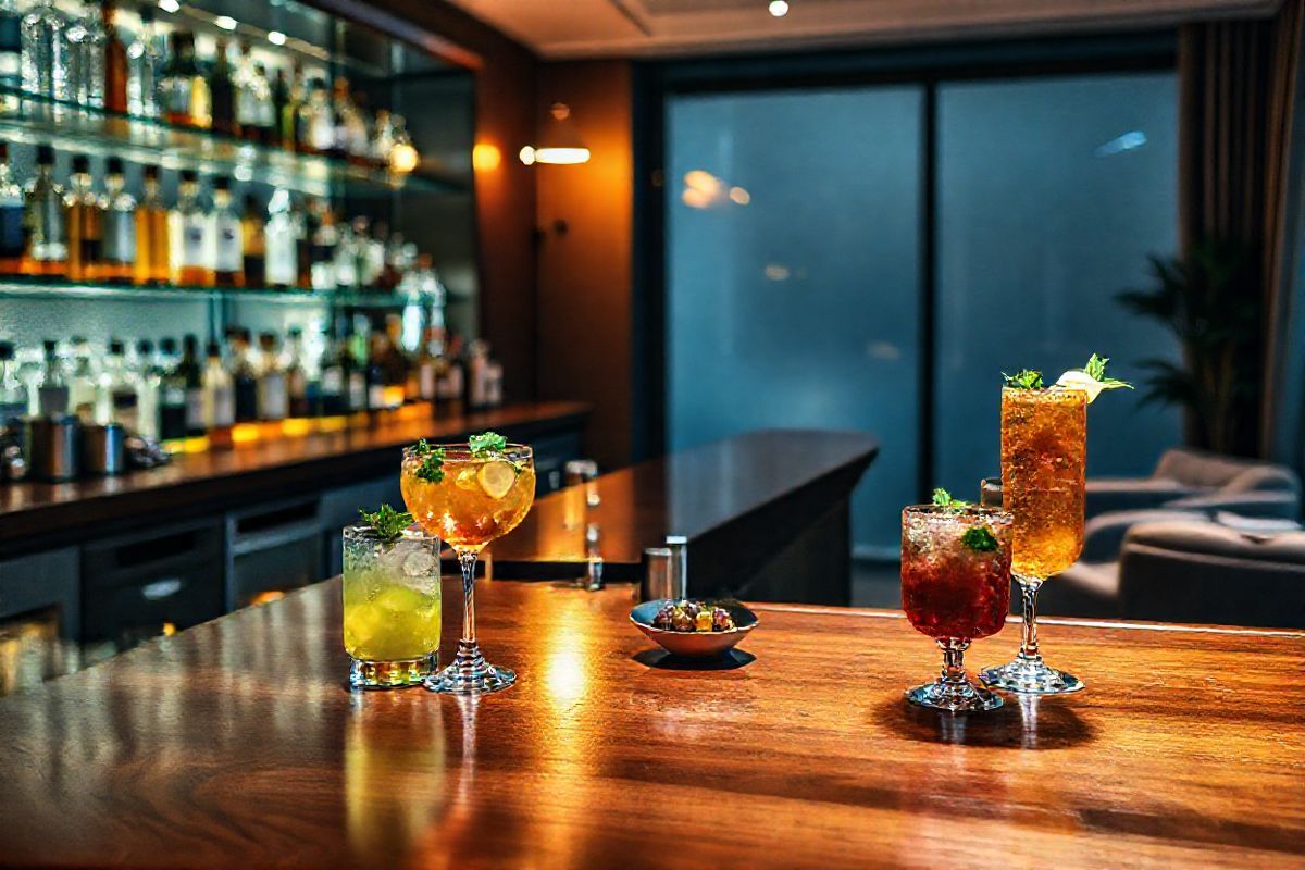 A photorealistic image captures a serene and inviting home bar setting. The focal point is a polished wooden bar with a rich, dark finish, reflecting the warm glow of ambient lighting. Behind the bar, an elegant display of various liquor bottles sits on glass shelves, showcasing a spectrum of colors and shapes, from crystal-clear vodka to deep amber whiskey. Soft light filters through a frosted glass panel, creating a calming atmosphere. On the bar, a few cocktail glasses are elegantly arranged, filled with colorful, refreshing beverages garnished with lemon slices and mint leaves. A small bowl of olives and a shaker sit nearby, hinting at the preparation of delightful drinks. In the background, a cozy seating area is softly lit, featuring plush chairs and a small table, inviting guests to gather and enjoy their drinks. The overall scene conveys a sense of sophistication and relaxation, perfect for unwinding after a long day, while subtly hinting at the complexities of alcohol and its effects on the body, resonating with the theme of alcohol intolerance.