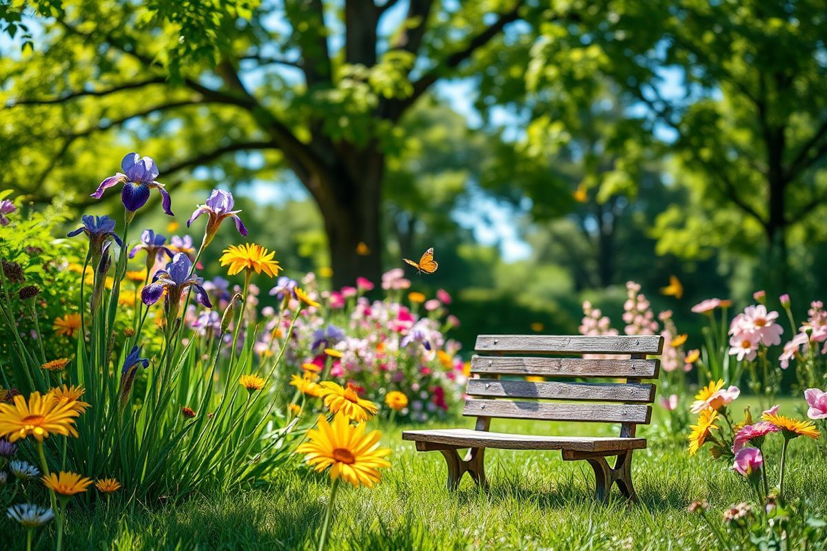 A serene and inviting scene unfolds in a lush garden filled with vibrant flowers in full bloom, including vivid purple irises, bright yellow daisies, and delicate pink cherry blossoms. The sunlight filters through the green leaves of towering trees, casting playful shadows on the soft grass below. In the foreground, a small wooden bench, weathered yet charming, invites viewers to sit and enjoy the peacefulness of nature. A gentle breeze rustles the leaves, and a few butterflies flutter gracefully among the blossoms, adding a touch of whimsy to the tranquil setting. In the background, a soft-focus blur of a clear blue sky enhances the overall sense of calm and well-being. This picturesque garden encapsulates the beauty and serenity of nature, offering a perfect backdrop for reflection and relaxation, symbolizing the harmony that can be found in managing allergies and embracing the outdoors despite potential triggers. The colors are vivid and lifelike, with intricate details that showcase the textures of petals, leaves, and the bench, creating a photorealistic image that evokes a sense of peace and connection to nature.