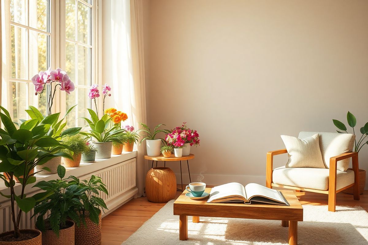 A photorealistic image of a serene, sunlit room filled with lush greenery and vibrant flowers, capturing the essence of nature’s beauty while symbolizing allergy triggers. The scene features a large window with sheer curtains gently billowing in the breeze, allowing warm sunlight to cascade into the space. On the windowsill, a variety of colorful potted plants, including a blooming orchid and ferns, provide a lively contrast against the soft, neutral-toned walls. A cozy armchair upholstered in light fabric sits adjacent to a wooden coffee table adorned with an open book and a steaming cup of herbal tea, inviting relaxation. The floor is covered with a soft area rug that complements the earthy tones of the wooden furniture. In the background, a subtle hint of pollen can be seen floating in the air, emphasizing the connection to allergens. The overall atmosphere is tranquil and inviting, evoking a sense of peace while acknowledging the presence of common allergens like dust and pollen, making it a perfect visual representation of the complexities of allergic reactions.