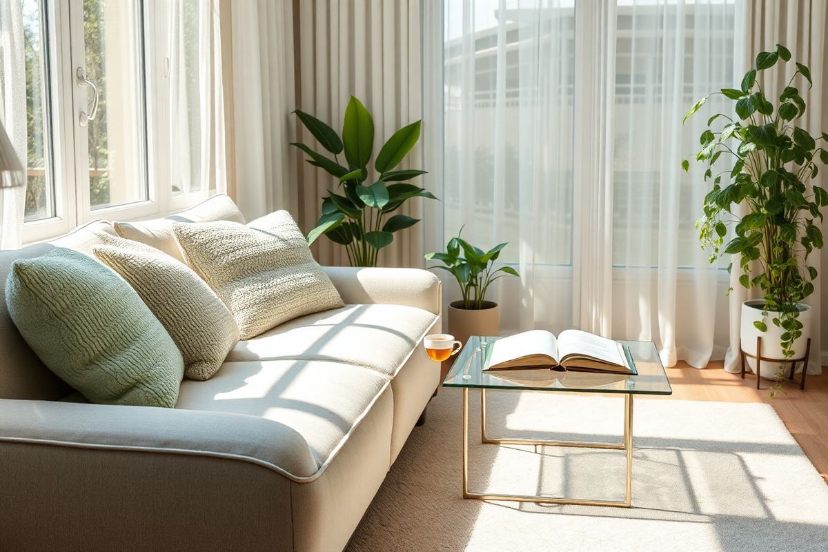 A serene, photorealistic image of a tranquil indoor setting featuring a cozy living room. The focal point is a plush, light-colored sofa adorned with soft, textured cushions in pastel hues of green and blue. To the side, a stylish glass coffee table holds a steaming cup of herbal tea and an open book, inviting relaxation. Sunlight streams through a large window, casting gentle shadows and illuminating a vibrant collection of indoor plants, including a tall, leafy fiddle leaf fig and cascading pothos. In the background, a soft, neutral-toned rug anchors the space, while delicate curtains flutter slightly in the breeze. The atmosphere is calm and comforting, evoking a sense of peace and wellbeing, perfect for a moment of reflection or relaxation amidst managing asthma or allergies. The overall color palette is warm and inviting, with natural elements enhancing the soothing ambiance of the room.