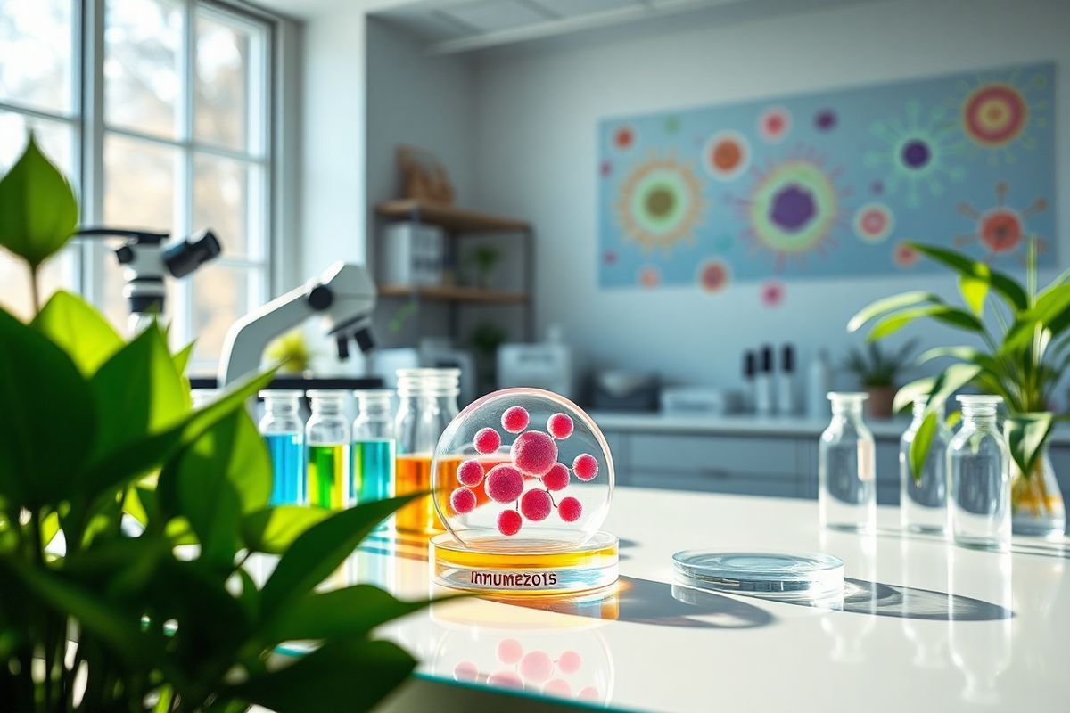 A photorealistic image depicting a serene laboratory setting focused on the immune system’s role in allergic reactions to chemotherapy. The foreground features a detailed, glass laboratory table with various scientific equipment: a microscope, test tubes filled with colorful liquid, and a petri dish showcasing a delicate, vibrant model of a cell with highlighted antibodies. Surrounding the table are lush green plants that symbolize health and vitality, contrasting the clinical environment. In the background, a large window lets in soft, natural light, illuminating the space and casting gentle shadows. On the walls, abstract representations of immune cells—B-cells, T-cells, and mast cells—are artistically illustrated, showcasing their intricate structures in bright, engaging colors. The overall ambiance conveys a sense of hope and scientific advancement, emphasizing the connection between the immune system and chemotherapy, while evoking a feeling of calm and contemplation amidst the complexities of medical research.