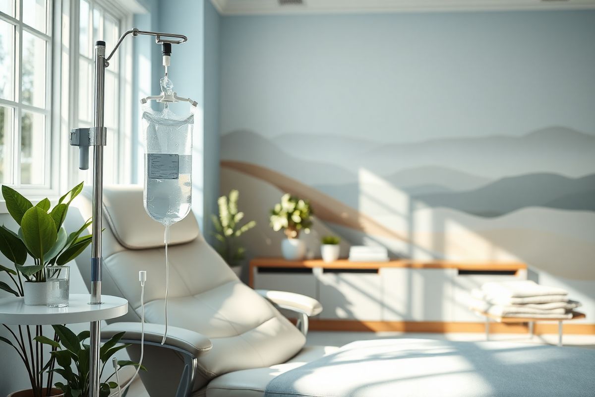 A close-up, photorealistic image of a serene medical setting featuring a chemotherapy infusion room. The room is softly lit with natural light filtering through large windows, casting gentle shadows on the pale blue walls. In the foreground, a comfortable recliner chair is positioned next to an IV stand, which holds a clear bag of chemotherapy medication, glistening slightly as it reflects the light. Surrounding the chair are small potted plants, adding a touch of greenery and life to the setting. A bedside table holds a glass of water and a cozy blanket folded neatly. In the background, a calming mural of abstract nature scenes—depicting soft, flowing lines and earthy tones—creates a peaceful atmosphere. The overall ambiance conveys hope and tranquility, emphasizing the importance of comfort and care during chemotherapy treatments. The absence of medical equipment clutter and the presence of nature-inspired elements evoke a sense of healing and resilience, inviting viewers to reflect on the journey of patients undergoing chemotherapy.