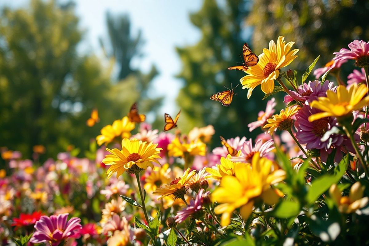 A serene, close-up view of a vibrant garden filled with a variety of blooming flowers, showcasing an array of colors such as bright yellows, deep purples, and soft pinks. The scene is bathed in warm sunlight, creating gentle shadows that enhance the rich textures of the petals and leaves. In the foreground, delicate butterflies flutter around the blossoms, symbolizing the beauty of nature and the fragility of life. A soft breeze rustles the leaves, adding a sense of movement to the tranquil setting. In the background, a blurred silhouette of lush green trees provides a calming contrast, while a clear blue sky peeks through, suggesting a perfect day. The overall composition evokes a feeling of peace and harmony, capturing the essence of a natural environment that can be both soothing and invigorating, reflecting the complexity of allergic reactions in a subtle, artistic manner. This photorealistic image invites viewers to appreciate the beauty of nature while simultaneously reminding them of the potential triggers that exist within it.