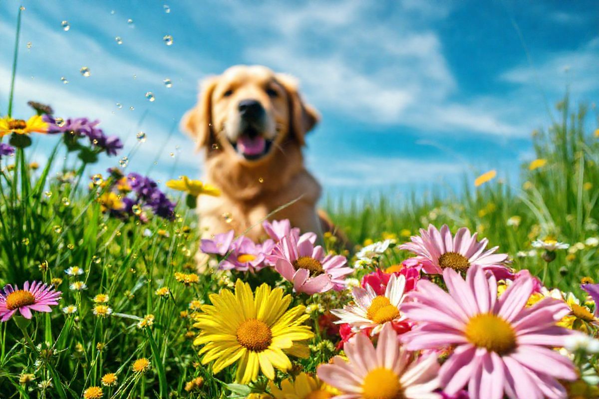 A close-up, photorealistic image of a vibrant and intricate arrangement of various allergens in nature, showcasing a bright, sunny day. The foreground features delicate pollen grains floating gently in the air, capturing the light as they shimmer like tiny golden specks. Surrounding them are clusters of colorful flowers, with their petals in full bloom, displaying rich hues of purple, yellow, and pink, inviting the viewer to appreciate their beauty. In the background, lush green grass dotted with small wildflowers adds depth to the scene. A playful pet, like a fluffy golden retriever, sits happily amidst the flowers, its fur catching the sunlight, embodying the warmth and life of spring. The sky is a clear blue with wispy white clouds, evoking a sense of tranquility. This composition visually represents the concept of allergens in a way that highlights both their beauty and potential impact on individuals prone to allergic reactions, making it a perfect complement to the accompanying text on allergies.