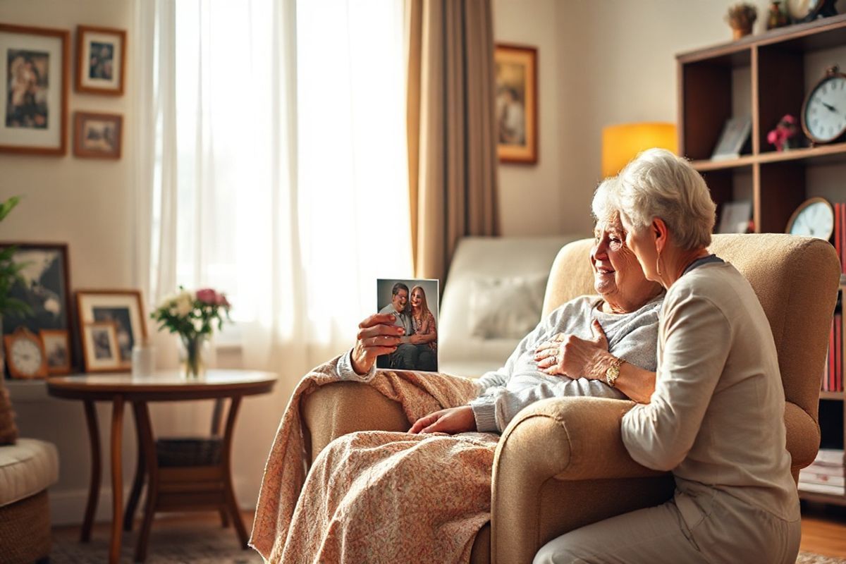 A serene scene unfolds in a cozy living room bathed in warm, soft light. In the foreground, an elderly woman with gentle features sits comfortably in a plush armchair, her expression peaceful and content. She is engaged in a moment of reminiscence, holding a cherished photograph of her family, surrounded by familiar items that evoke memories—framed pictures on the walls, a quilt draped over the chair, and a small table adorned with a vase of fresh flowers. The background reveals a window with sheer curtains, allowing natural light to flood the space, illuminating the cozy decor and creating an inviting atmosphere. A caregiver, a middle-aged person with a caring demeanor, is kneeling beside the armchair, attentively listening and providing emotional support, their hands gently resting on the woman’s knee. The room is filled with warmth and connection, symbolizing the bond formed through emotional support amidst the challenges of Alzheimer’s. Subtle details, such as a clock showing afternoon time and a few books on a nearby shelf, enhance the sense of comfort and familiarity, making it a perfect representation of compassionate care.