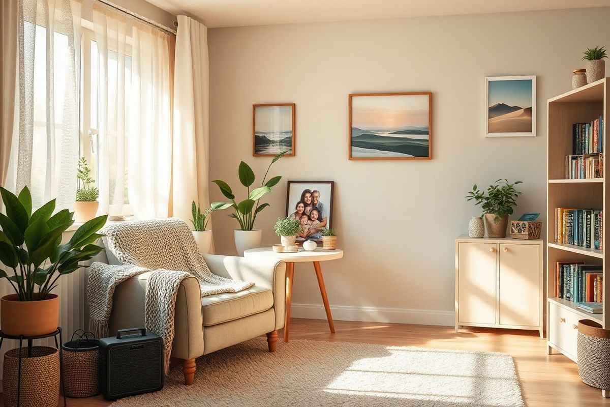 A serene and compassionate scene depicting a cozy living room designed for an individual with Alzheimer’s disease. The room features soft, warm lighting that creates an inviting atmosphere. In the center, a comfortable armchair is adorned with a knitted blanket, symbolizing warmth and care. To the side, a small table holds a framed family photo, capturing a joyful moment that evokes fond memories. A nearby window allows gentle sunlight to filter through sheer curtains, illuminating a collection of potted plants that bring life to the space.   On the walls, soothing artwork showcases tranquil landscapes, promoting a sense of calm. A bookshelf filled with well-loved books suggests opportunities for reminiscing and engagement. The floor is covered with a plush rug, providing comfort and safety. In one corner, a small music player rests, hinting at the therapeutic power of music. The overall color palette consists of soft pastels and earthy tones, creating a peaceful haven that encourages emotional connection and support, perfectly embodying the essence of compassionate care for individuals with Alzheimer’s.