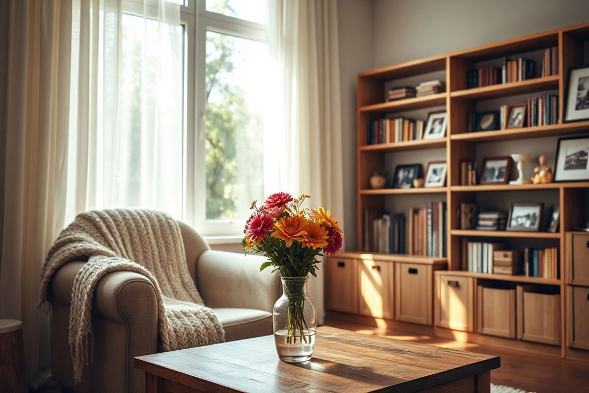 A serene and inviting scene depicting a cozy living room bathed in warm, natural light. The room features a soft, plush armchair draped with a knitted throw, positioned beside a large window adorned with sheer curtains that gently diffuse the sunlight. On the wooden coffee table in front of the chair, a delicate vase holds a fresh bouquet of vibrant flowers, adding a splash of color to the muted tones of the room.   In the background, a bookshelf filled with well-loved books and framed family photographs showcases a sense of history and warmth. A subtle hint of greenery can be seen through the window, with lush trees swaying gently outside, symbolizing life and continuity. The overall ambiance is tranquil and comforting, inviting viewers to imagine moments of reflection and connection, which resonates with the themes of Alzheimer’s disease, memory, and the importance of family bonds. The image captures a harmonious blend of comfort, nostalgia, and hope, making it a perfect visual accompaniment to the discussion of Alzheimer’s treatments and the significance of supportive environments.