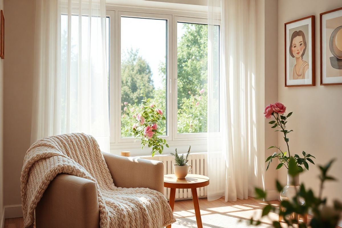 A serene, photorealistic image depicting a sunlit room filled with soft, warm colors that evoke a sense of calmness and tranquility. In the foreground, a cozy armchair is adorned with a plush, knitted blanket, inviting one to sit and relax. Nearby, a small wooden coffee table holds a delicate porcelain teacup and a blooming potted plant, symbolizing life and growth. The background showcases a large window with sheer curtains, allowing natural light to flood the space, illuminating the gentle dust motes dancing in the air. Outside the window, a lush garden filled with vibrant flowers and greenery creates a peaceful view, enhancing the sense of serenity. On the walls, subtle artwork depicting abstract forms and soft hues complements the room’s ambiance. The overall atmosphere conveys a sense of comfort and reflection, providing a perfect setting for contemplation and connection, which aligns with the themes of understanding and managing Alzheimer’s disease. This image captures the essence of a nurturing and supportive environment, ideal for individuals and families navigating the complexities of cognitive health.