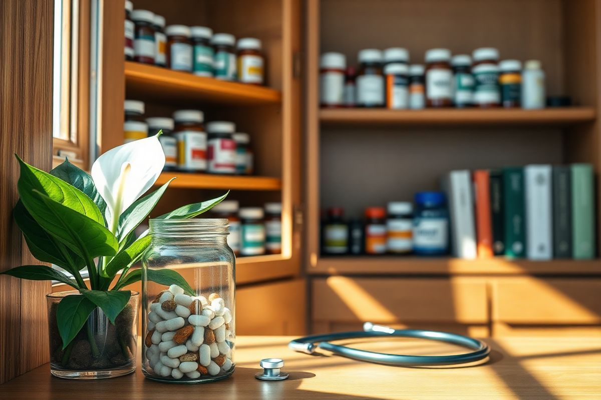 A photorealistic image captures a serene and inviting scene of a neatly arranged medicine cabinet. The cabinet’s wooden shelves are filled with an array of prescription bottles, each uniquely labeled, showcasing various colors and shapes. Soft, natural sunlight filters through a nearby window, casting gentle shadows and highlighting the warm tones of the wood. In the foreground, a small, elegant glass jar filled with herbal supplements sits next to a stethoscope coiled neatly beside it. A potted plant, such as a peace lily, adds a touch of greenery, symbolizing health and vitality. In the background, faint outlines of medical books can be seen on a shelf, hinting at a setting that values health education. The overall atmosphere is one of calm and organization, inviting viewers to reflect on the importance of medication management and communication with healthcare providers. The image evokes a sense of safety and trust, perfect for illustrating the importance of understanding drug interactions, particularly for those considering or currently using Amitiza.