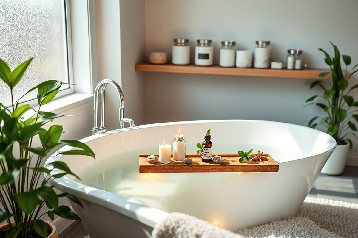 A serene and inviting bathroom scene is depicted, featuring a well-lit space with soft, natural lighting filtering in through a frosted window. The focal point is an elegant, freestanding bathtub filled with warm, crystal-clear water, surrounded by lush green plants that add a touch of nature and freshness. On the edge of the bathtub, a neatly arranged set of delicate, aromatic candles flickers gently, casting a warm glow. A small wooden tray rests beside the tub, adorned with a luxurious, fluffy towel, a bottle of Amitiza nestled among polished stones, and a few vibrant, fresh herbs like mint and basil, symbolizing natural remedies. The walls are adorned with soft, neutral colors, creating a calming atmosphere, while a plush bath mat lies beneath, enhancing comfort. In the background, a well-organized shelf displays elegant jars filled with bath salts and essential oils, exuding tranquility and wellness. This peaceful setting embodies a holistic approach to health and well-being, perfect for anyone seeking relief and relaxation in their self-care routine.