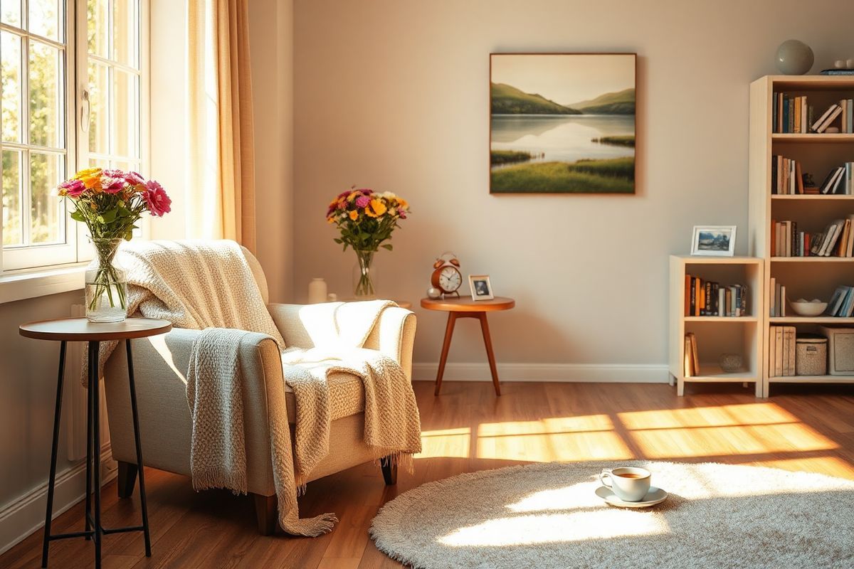 A serene and softly lit room designed for caregivers and Alzheimer’s patients, featuring a cozy armchair draped with a light, textured throw blanket. The chair is positioned beside a large window, through which warm, golden sunlight filters in, casting gentle shadows on the wooden floor. In the background, a small table holds a vase filled with fresh, colorful flowers, adding a touch of nature and life to the space. A soothing painting of a tranquil landscape, such as a calm lake surrounded by lush greenery, hangs on the wall, contributing to the peaceful ambiance. A bookshelf filled with well-loved books and personal mementos, including framed family photos, reflects a sense of warmth and familiarity. On the floor, a plush area rug with soft, inviting colors enhances comfort. Subtle elements, like a small clock ticking softly and a cup of herbal tea on the table, evoke a sense of calm and routine. This inviting setting embodies a nurturing environment, ideal for recognizing and addressing the emotional needs of Alzheimer’s patients, while promoting a sense of safety and tranquility.