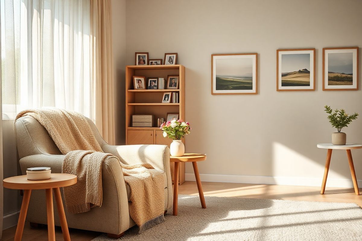 A serene and softly lit living room designed for an Alzheimer’s patient, showcasing an inviting atmosphere. The room features a comfortable, oversized armchair with a warm, textured blanket draped over it. A small wooden side table holds a simple vase filled with fresh flowers, adding a touch of color to the scene. In the background, a bookshelf is filled with picture frames containing familiar photographs of family and friends, evoking a sense of nostalgia and comfort. Natural light filters through sheer curtains, casting a gentle glow across the room, while a cozy rug lies underfoot, providing warmth and softness. On one wall, there are framed paintings of peaceful landscapes, enhancing the calming environment. A small radio sits on another table, suggesting the possibility of soothing music. The overall color palette is warm and earthy, with soft beige, light greens, and pastel hues, creating a tranquil space that promotes emotional well-being and reduces anxiety, ideal for managing aggression in Alzheimer’s patients. The composition aims to evoke feelings of safety, familiarity, and comfort, essential for individuals navigating the challenges of the disease.