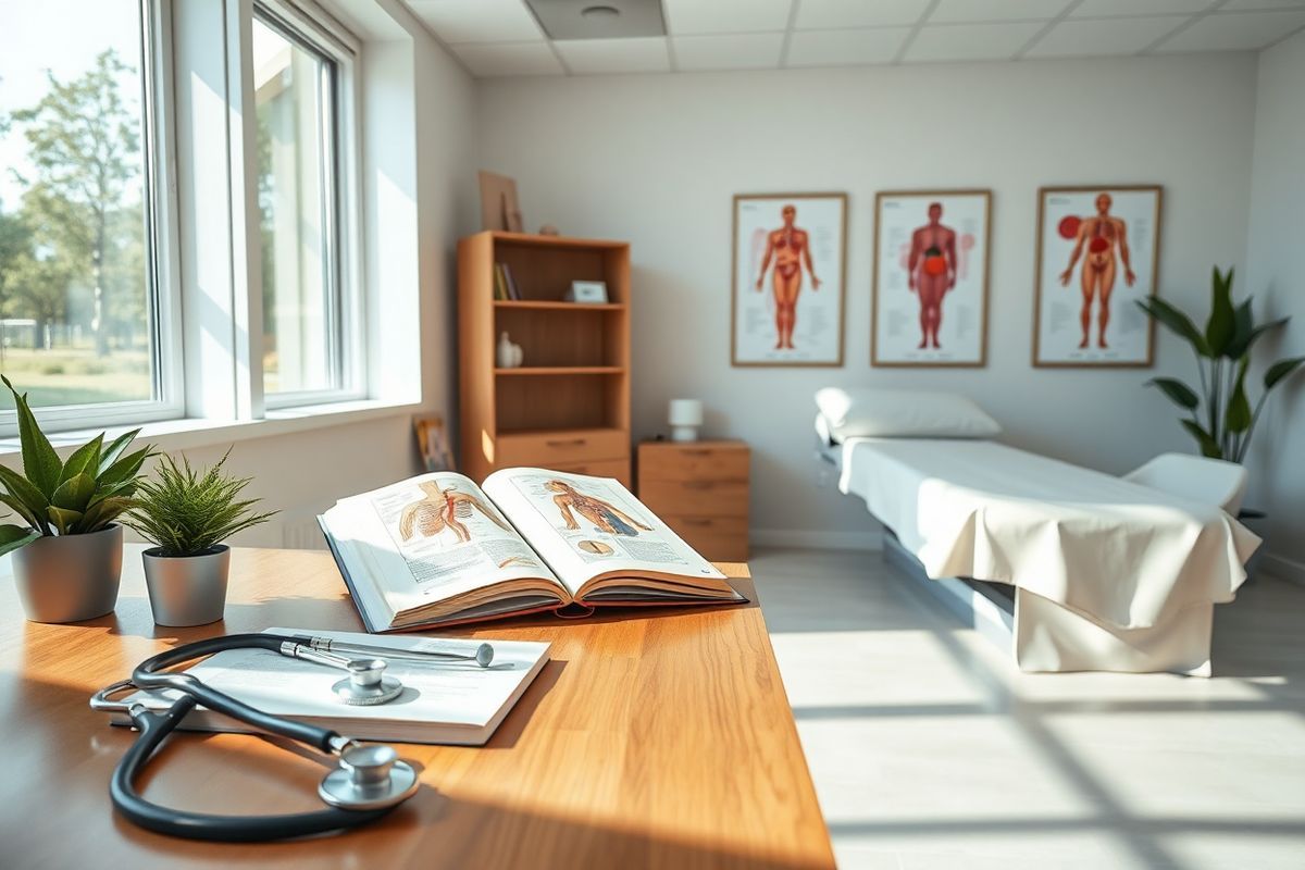 A photorealistic image depicting a serene and inviting medical office setting, focusing on a well-lit examination room. The room features a sleek, modern design with soft, neutral colors and natural light filtering through large windows. In the foreground, a polished wooden desk is adorned with a stethoscope, a small potted plant, and an open anatomy book showcasing the human circulatory system. On the walls, framed anatomical charts of red blood cells and blood circulation are displayed, providing an educational touch. A comfortable examination table, draped in crisp white linens, sits to the side, with a plush chair for patients. The overall atmosphere is calm and reassuring, evoking a sense of care and expertise, making it an ideal backdrop for discussions about anemia and health.