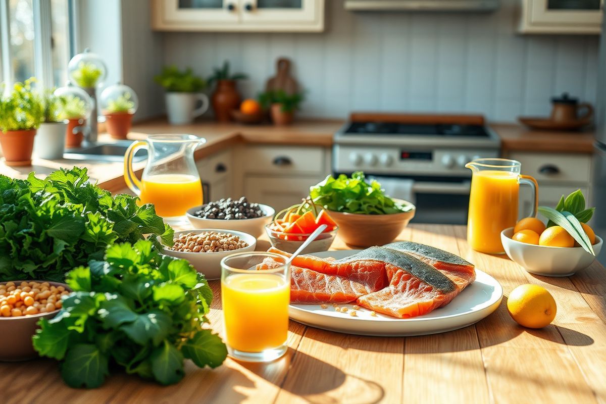 A photorealistic image depicting a serene and inviting kitchen scene bathed in natural light. The focus is on a well-organized wooden table adorned with a variety of fresh, colorful foods that are known to combat anemia. There are vibrant, leafy greens such as kale and spinach, alongside bowls of lentils and chickpeas, showcasing their rich iron content. A small platter features slices of red meat and salmon, glistening under the sunlight, emphasizing their importance in iron and vitamin B12. Nearby, a jug of freshly squeezed orange juice is positioned alongside a bowl of citrus fruits, symbolizing folate-rich foods. The background shows a cozy kitchen with soft pastel colors, potted herbs on the windowsill, and sunlight streaming through the window, creating a warm and inviting atmosphere. The overall composition conveys a sense of health, nourishment, and the importance of a balanced diet in preventing anemia, making it an inspiring visual representation of the article’s themes.