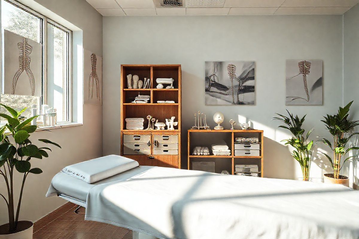 A photorealistic decorative image depicting a serene and inviting orthopedic clinic setting. In the foreground, a well-lit examination room features a comfortable examination table draped in crisp white linens. A wooden cabinet is organized with various medical tools and orthopedic supplies, showcasing a mix of splints, casts, and anatomical models of bones. The walls are adorned with soothing artwork depicting healthy bones and active lifestyles, creating a calming atmosphere. Natural light streams through large windows, illuminating the space with a warm glow and casting soft shadows. In one corner, a potted plant adds a touch of greenery, enhancing the sense of tranquility. The overall ambiance is one of professionalism and care, inviting patients to feel at ease as they seek treatment for their angulated fractures.