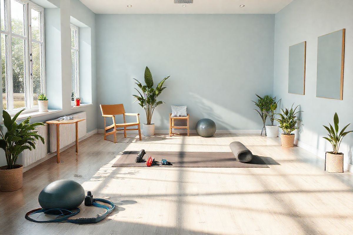 A photorealistic image of a serene rehabilitation room, bathed in soft, natural light filtering through large windows. The room features a clean, minimalist design with pale blue walls and light wooden flooring. In the center, a comfortable therapy mat is laid out, surrounded by various rehabilitation equipment such as resistance bands, weights, and exercise balls. A sturdy wooden chair sits against one wall, alongside a small table with a water bottle and a towel. On another wall, a wall-mounted mirror reflects the space, emphasizing openness. Potted plants are strategically placed in corners, adding a touch of greenery and life to the room. In the background, a glimpse of an outdoor garden can be seen through the windows, enhancing the calming atmosphere. The overall ambiance is peaceful and inviting, evoking a sense of hope and recovery while emphasizing the importance of rehabilitation in restoring strength and function to the body after an injury.