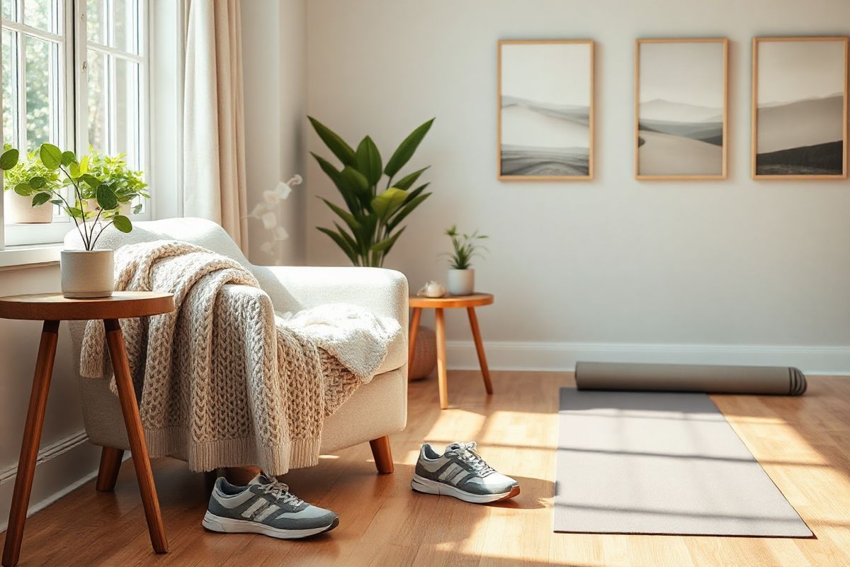 A serene, photorealistic image of a tranquil living space designed for comfort and healing. The scene features a cozy corner with a plush, light-colored armchair draped with a soft, knitted throw blanket. Beside the chair, a small wooden side table holds a steaming cup of herbal tea, and a pair of supportive, stylish sneakers rests on the floor, symbolizing the importance of proper footwear in managing ankylosing spondylitis.   In the background, a large window allows natural light to flood the room, illuminating the lush green plants positioned on the windowsill, promoting a sense of calm and well-being. A yoga mat is neatly rolled out on the hardwood floor, hinting at an invitation for gentle exercise. The walls are adorned with soothing artwork depicting gentle landscapes, enhancing the room’s peaceful ambiance. Soft, neutral tones dominate the color palette, creating an inviting atmosphere that encourages relaxation and mindfulness.   Overall, the image captures an environment that embodies the essence of comfort, self-care, and lifestyle adjustments crucial for managing ankle pain associated with ankylosing spondylitis.