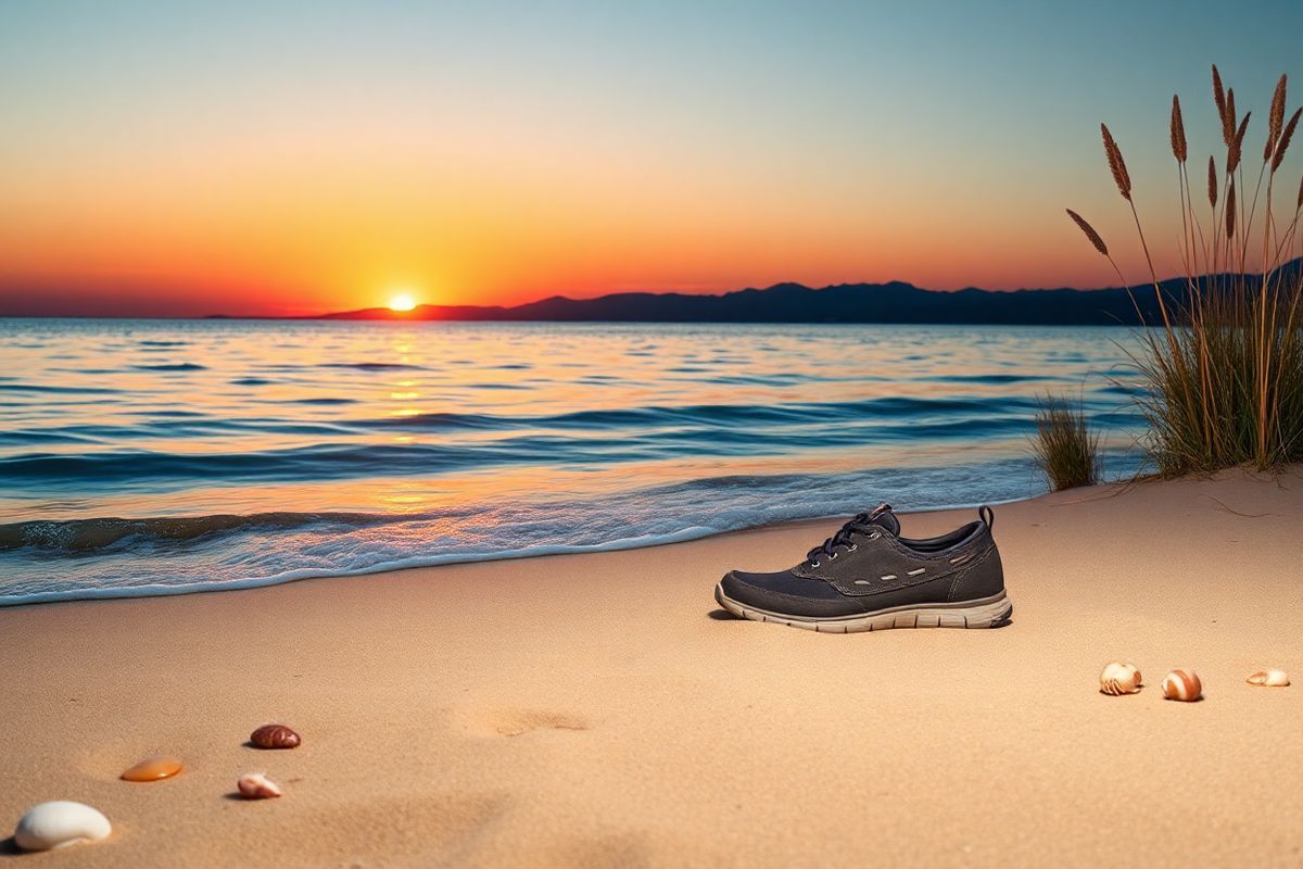 A serene, photorealistic image of a tranquil coastal landscape at sunset, where soft waves gently lap against a sandy shore. In the foreground, a pair of comfortable, supportive shoes sits on the beach, slightly buried in the soft sand, symbolizing the importance of proper footwear for joint health. The background showcases a picturesque horizon, where the sun casts warm hues of orange, pink, and purple across the sky, reflecting on the water’s surface. Silhouettes of distant mountains rise against the sunset, adding depth to the scene. Scattered along the shore are smooth pebbles and seashells, evoking a sense of calm and connection to nature. A gentle breeze rustles through tall, wispy grasses at the water’s edge, enhancing the peaceful atmosphere. The overall composition conveys a sense of relaxation and well-being, encouraging viewers to imagine a moment of respite and healing amidst the challenges of ankylosing spondylitis. This harmonious setting serves as a reminder of the importance of lifestyle adjustments and self-care in managing joint pain and promoting overall health.