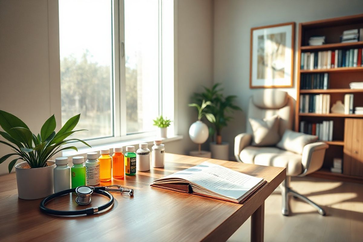 A photorealistic image depicting a serene, tranquil scene of a well-lit doctor’s office. The focal point is a wooden desk adorned with a stethoscope, an open notebook with handwritten notes, and a few colorful medication bottles neatly arranged. Soft morning light filters through a large window, casting gentle shadows and illuminating the fresh green plants placed on the windowsill, adding a touch of nature. In the background, a comfortable examination chair with plush cushions sits beside a bookshelf filled with medical texts and journals, reflecting a professional yet inviting atmosphere. A framed abstract artwork hangs on the wall, enhancing the calm ambiance. The overall color palette is warm, featuring soft beige, light green, and hints of blue, creating a soothing environment that embodies care and safety, ideal for discussing health concerns and managing medications like Aptiom.