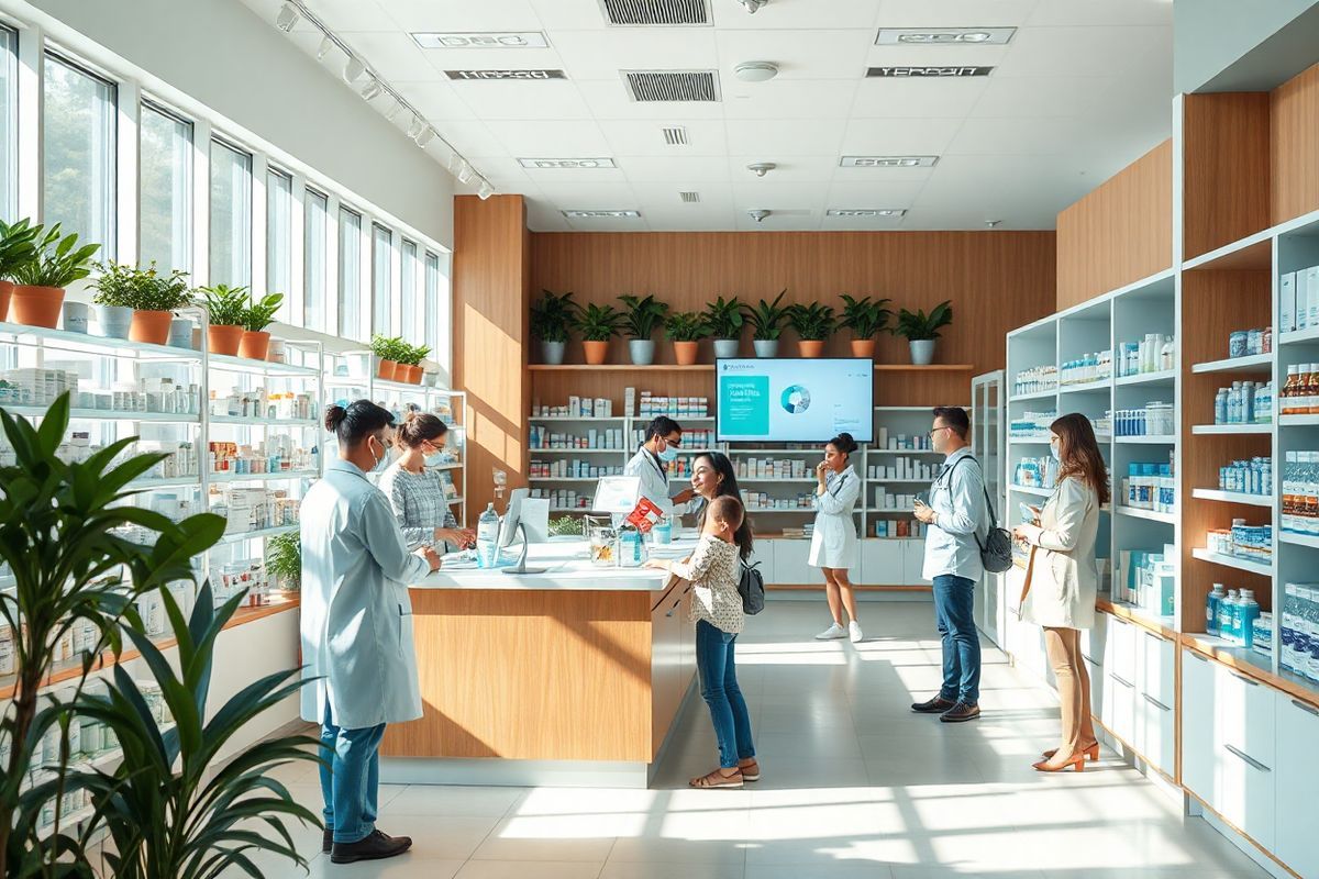 A photorealistic image of a serene and inviting pharmacy interior, showcasing a well-organized, bright space filled with shelves stocked with various medications and health products. The focal point of the image is a modern counter where a friendly pharmacist is assisting a patient, conveying a sense of care and professionalism. Soft natural light streams through large windows, illuminating the clean, minimalist design with warm wooden accents and calming blue and green tones. In the background, a wall of potted plants adds a touch of nature, enhancing the tranquil atmosphere. The scene captures various patients, including a child with a parent, engaged in discussions with healthcare professionals, emphasizing the importance of communication in managing health. Additionally, a digital screen displays medical information in a non-intrusive manner, reinforcing the modern approach to healthcare. Overall, the image conveys a sense of community, support, and the significance of medication management in enhancing quality of life.