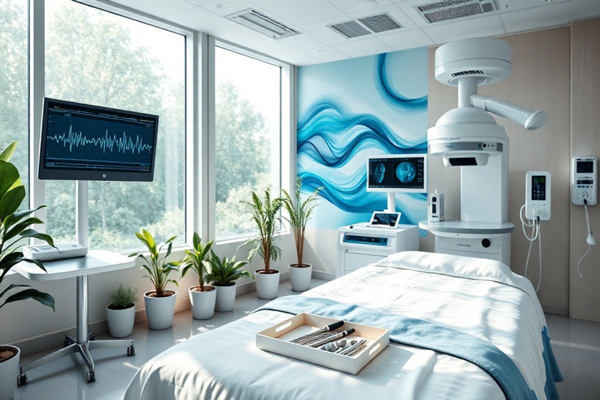 A serene hospital room bathed in soft, natural light with large windows overlooking a tranquil garden. The focus is on a sleek, modern electrophysiology lab filled with advanced medical equipment, including monitors displaying heart rhythms and a state-of-the-art fluoroscopy machine. In the foreground, a comfortable treatment table is set up with crisp white linens, and a gentle blue blanket. There are sterile instruments neatly arranged on a nearby tray, reflecting professionalism and care. On the wall, a calming abstract mural features soft waves of blue and green, evoking a sense of peace and healing. The atmosphere is tranquil, with subtle hints of greenery from potted plants placed strategically around the room, enhancing the feeling of comfort and safety for patients undergoing cardiac procedures. The overall composition conveys a blend of advanced medical technology and a warm, inviting environment, effectively illustrating the balance between clinical precision and patient comfort in the context of cardiac ablation.