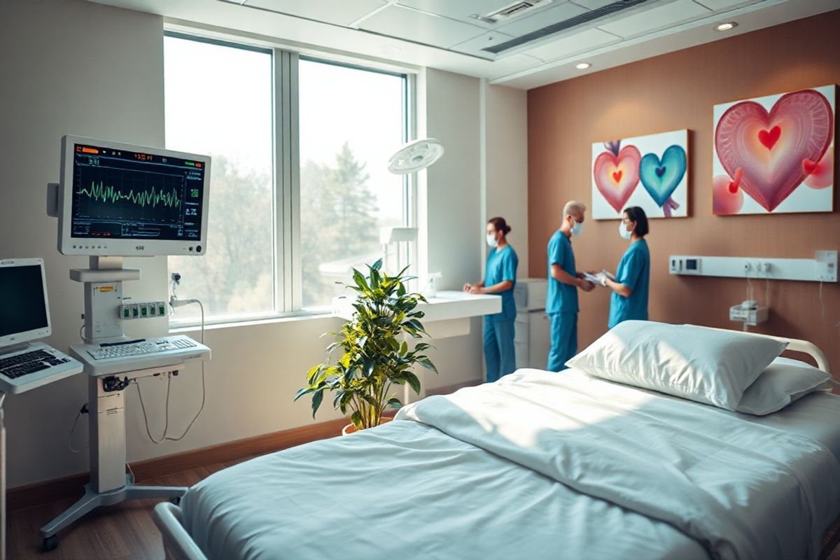 A serene, photorealistic image of a tranquil hospital room designed for cardiac procedures. The room is bathed in soft, warm lighting, highlighting the sleek, modern medical equipment, including a state-of-the-art electrophysiology lab with monitors displaying heart rhythms and digital readouts. In the foreground, a comfortable hospital bed with crisp, white linens is positioned under a large window that allows natural light to filter in, creating an inviting atmosphere. A potted plant, lush and green, sits beside the bed, adding a touch of nature to the clinical environment. In the background, a team of focused medical professionals in scrubs and masks can be seen preparing for a catheter ablation procedure, showcasing a sense of teamwork and expertise. The walls are adorned with calming artwork depicting abstract heart motifs and soothing colors, contributing to a peaceful ambiance. This image captures the essence of hope, healing, and advanced medical care, making it an ideal visual representation for the topic of arrhythmia surgery and cardiac ablation.