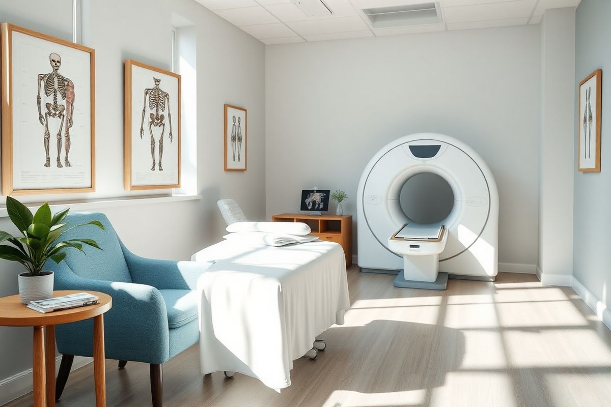 A serene and inviting medical consultation room bathed in soft, natural light streaming through large windows. The room features a plush examination table draped with crisp white linens, complemented by a cozy patient chair in a calming shade of blue. On the walls, framed anatomical illustrations of the human skeletal system and joint structures provide educational visuals without overwhelming the space. A wooden side table holds a selection of orthopedic textbooks and a small potted plant, adding a touch of greenery. In the background, a state-of-the-art imaging machine is subtly integrated into the room, suggesting advanced medical technology. The atmosphere is tranquil, evoking a sense of comfort and professionalism, ideal for patients seeking information on arthrodesis and joint health.