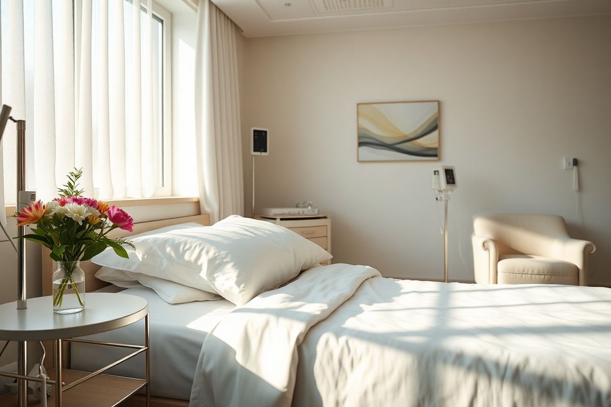 A photorealistic image of a serene, softly lit hospital room featuring a cozy bed adorned with crisp white linens and a neatly arranged array of plush pillows. The room has large windows draped with sheer curtains that allow gentle sunlight to filter in, casting a warm glow across the space. On a bedside table, a small vase holds fresh, vibrant flowers, adding a touch of color and life to the environment. In the background, a subtle depiction of medical equipment, such as an IV stand and a heart monitor, is present but unobtrusive, emphasizing the medical context without being overwhelming. The walls are painted in calming pastel tones, contributing to a peaceful atmosphere. A soft abstract artwork hangs on the wall, hinting at themes of resilience and hope, while a comfortable armchair sits in the corner, inviting moments of rest and reflection. The overall ambiance is one of tranquility and care, embodying the supportive environment necessary for patients facing health challenges, particularly those related to ovarian cancer and ascites.