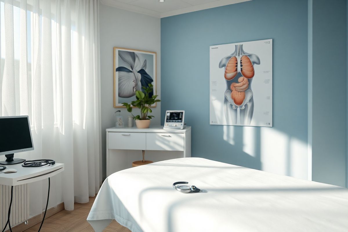 A photorealistic image depicts a serene, softly lit medical examination room, designed for patient comfort. In the foreground, a neatly made examination table is draped in crisp white linens, exuding a sense of cleanliness and care. A subtle blue accent wall features abstract art, evoking calmness and tranquility. On a nearby counter, medical instruments are arranged neatly, including a stethoscope, a sphygmomanometer, and an ultrasound machine, symbolizing advanced healthcare.   Natural light filters through sheer curtains, casting gentle shadows that enhance the peaceful ambiance. In the background, a large anatomical poster of the human abdominal cavity is displayed, providing an educational element without being overwhelming. A potted plant sits in the corner, adding a touch of greenery and life to the room.   The overall color palette combines soft whites, blues, and greens, creating a soothing environment that reflects hope and healing. This image captures the essence of a supportive space where patients can receive care and information about conditions like ascites and ovarian cancer, fostering a sense of reassurance and professionalism.