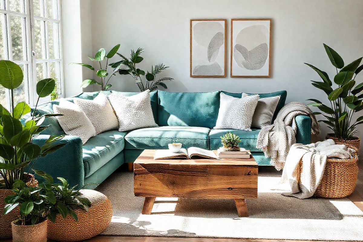 A serene and inviting indoor setting showcases a cozy living room bathed in soft, natural light filtering through large, airy windows. The focal point is a plush, teal sofa adorned with an assortment of textured pillows in shades of white and soft gray. A wooden coffee table, elegantly crafted from reclaimed wood, sits at the center, holding a steaming cup of herbal tea and an open book, inviting relaxation and contemplation. Surrounding the room are lush, green potted plants, including a fiddle leaf fig and a succulent arrangement, adding a vibrant touch of nature. On the walls, calming artwork depicting abstract forms in soothing colors enhances the tranquil atmosphere. A cozy throw blanket is casually draped over one arm of the sofa, and a woven basket in the corner holds extra blankets, emphasizing comfort. The overall composition exudes a sense of peace and well-being, perfect for a space where one might reflect on health and wellness, aligning beautifully with the themes of asthma diagnosis and personal care.